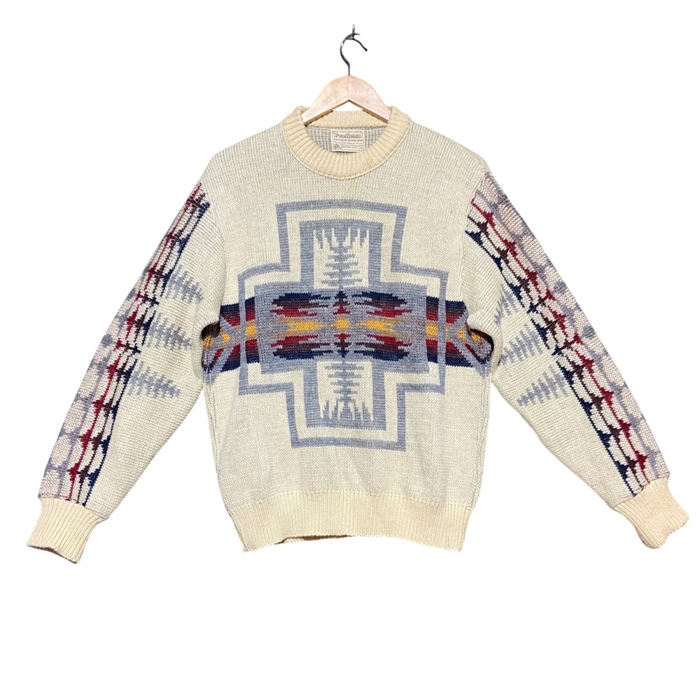 Vintage Pendleton High Grade Western Wear Wool Sweater Mens M Cream Southwestern